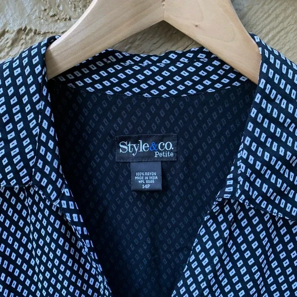 Style Co 3/4 ruffle sleeve button-up Shirt Sz 14P black white check business top - Picture 16 of 16